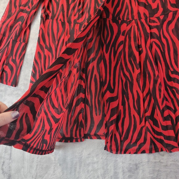 Ali Miles Red Black Zebra Print Mesh Sheer Tunic Top Bell Sleeve Mock Neck - Picture 2 of 9
